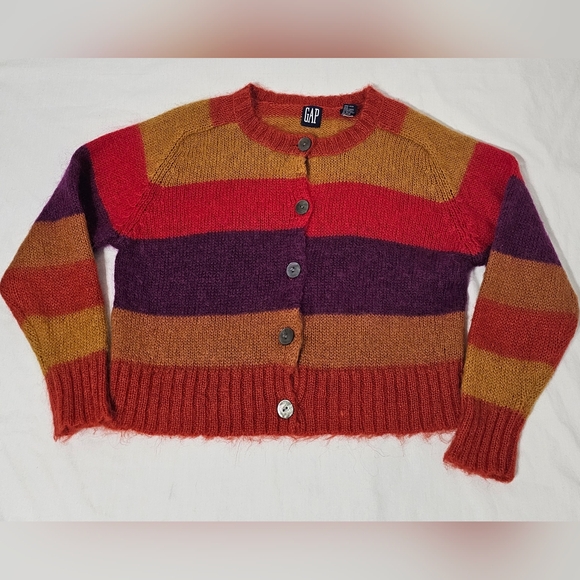 GAP Mohair Blend Striped Cropped Cardigan Sweater Colorblock Fuzzy Cozy - Picture 3 of 8